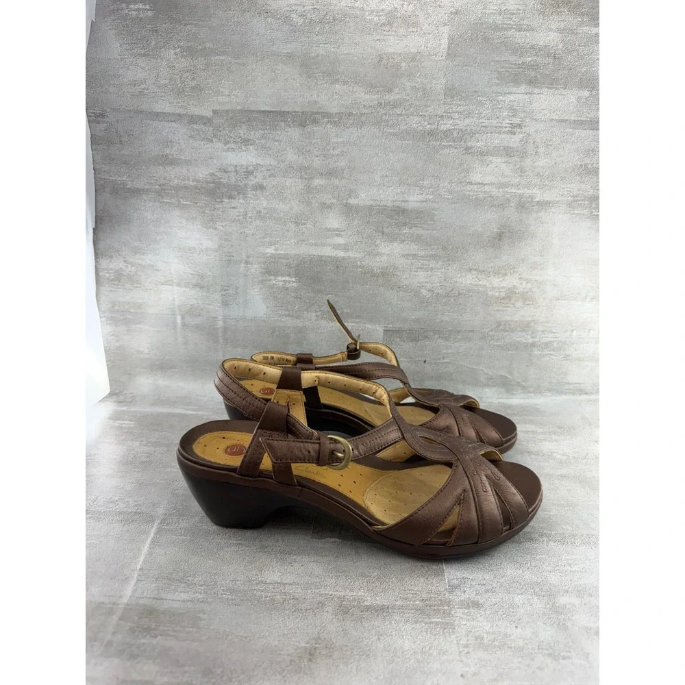 Clarks Unstructured Bronze Leather Strappy Slingback Wedge Sandals Women Sz 8M